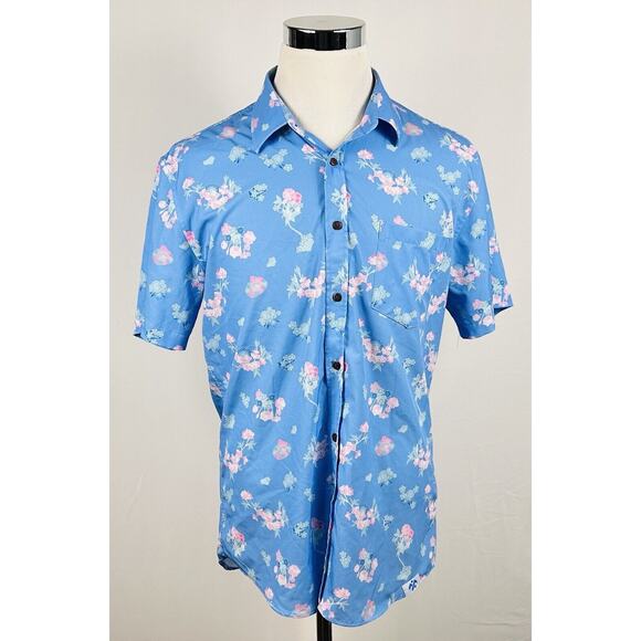Upsaint XL Hawaiian Aloha Shirt Blue Pink Floral Poly Blend Save the Turtles - Picture 2 of 4